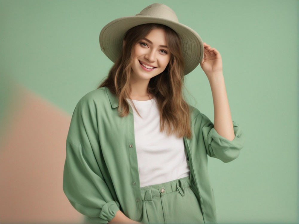 australian girl wearing trendy pantone green color clothes round hat