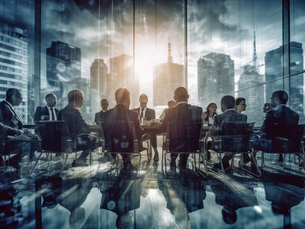 Business and finance: prioritise a nature-positive Amazon 1 double exposure photograph business conference with gathering people backdrop city office building background generative ai