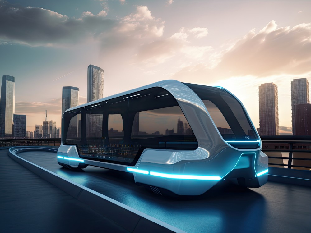 Global Chip shortage to Hurt Computer Firms During Festive SeasonT 3 futuristic electric bus futuristic bridge with view city background