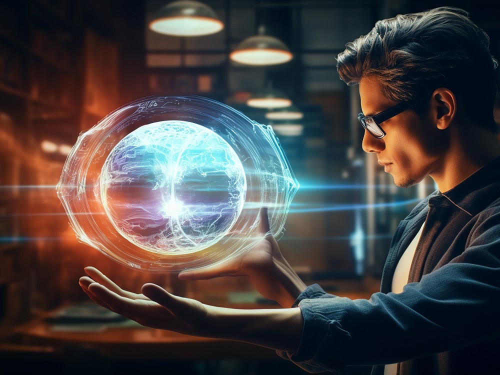 Sony WF-10XM4: Headphones Are Our Absolute Favorite 4 person projecting hologram from his mind real world futuristic place