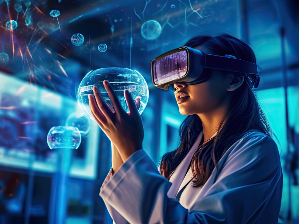 Apple Unveils Smartwatch With a Focus on Fitness 2 scientist female wearing vr headset interacting with virtual reality science lab interacting with virtual reality science chemistry technology generative ai